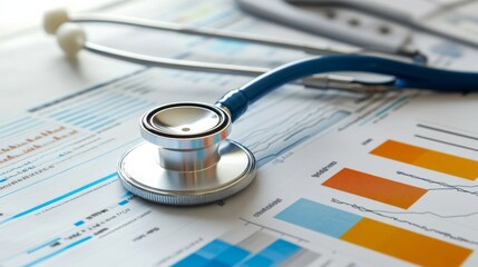 A stethoscope rests on medical charts and graphs, symbolizing healthcare analysis and patient data management.