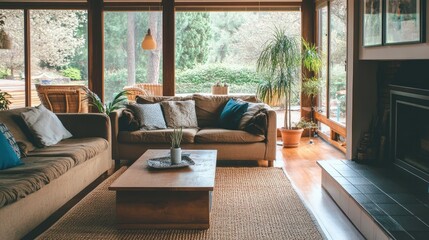 Cozy Living Room with Natural Light and Greenery