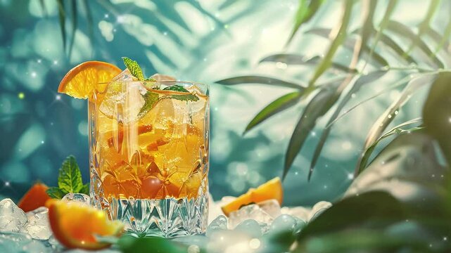 Hawaii cocktail with pineapple and grapefruit in it, placed on the table have copy space for text