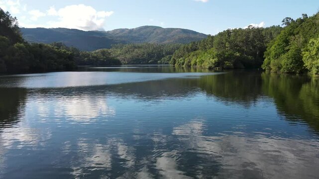 A calm river surrounded by lush green forests and hills, reflecting the blue sky and clouds. A peaceful, untouched natural setting ideal for nature and outdoor-themed footage. Cortegada, Galicia.
