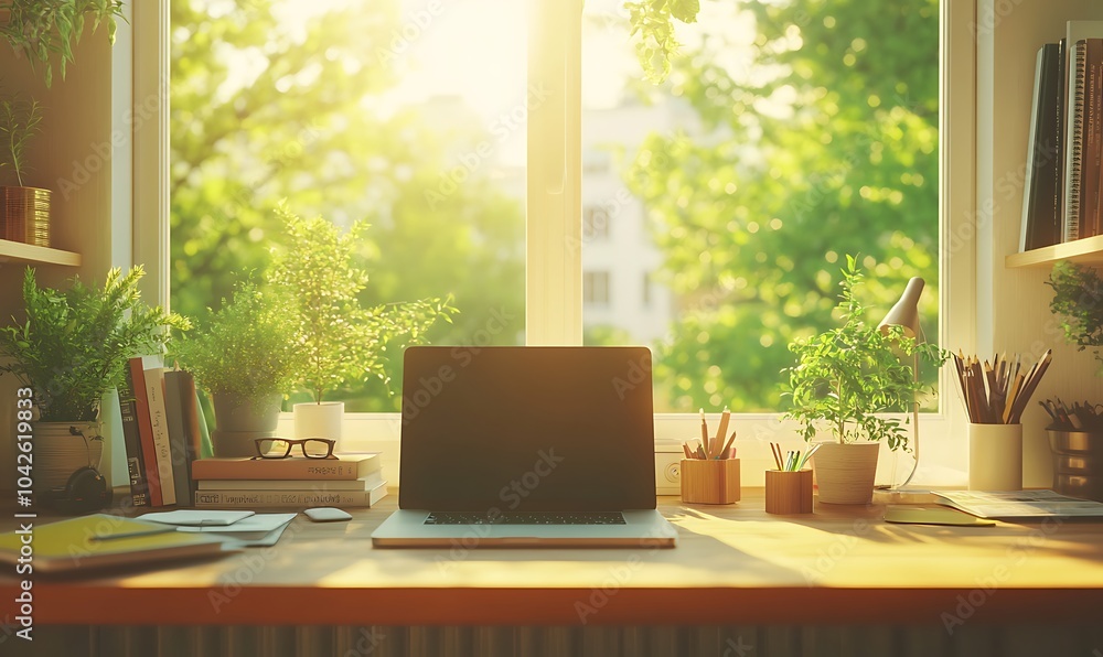 Aufkleber a serene workspace with a laptop and greenery, illuminated by warm sunlight streaming through a wind