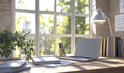 A bright, inviting workspace featuring a laptop, stationery, documents, and a leafy plant, enhanced by natural light streaming through large windows.
