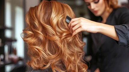 Fototapeta premium Woman Styling Hair with Beautiful Curls