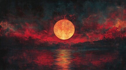 A full moon hangs in the night sky, casting an eerie glow on the water below. The clouds are dark and stormy, creating a sense of mystery and foreboding.