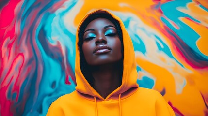 Colorful portrait of cool woman with dark skin wearing hoodie. 