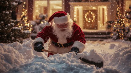 Santa Claus shoveling snow outside a festively decorated home during a snowy evening, determined to clear the path despite the cold. Image made using Generative AI.
