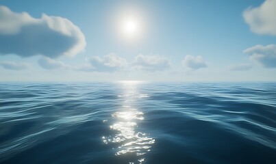 Obraz premium A serene view of a sunlit ocean with gentle waves and a clear sky scattered with fluffy clouds.