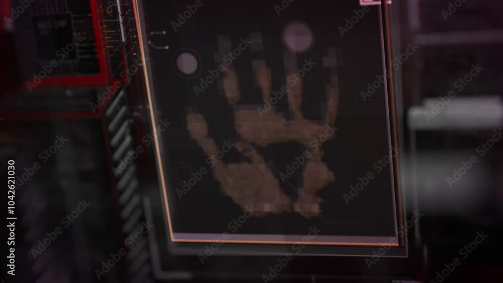 Poster futuristic digital hud interface displaying hand on scanner and red handprint on black background, w