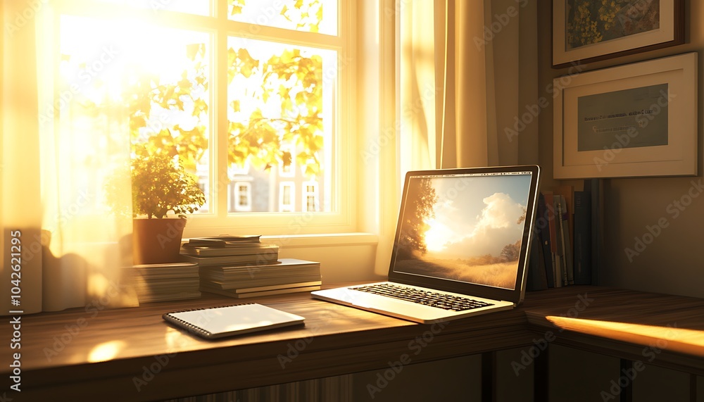 Aufkleber a cozy workspace with a laptop and a notebook, illuminated by warm sunlight streaming through a wind