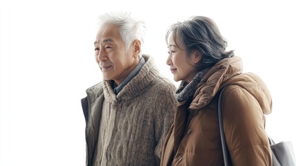 An elderly Asian man and woman walking together, white background, detailed textures in clothing and faces, soft natural light.