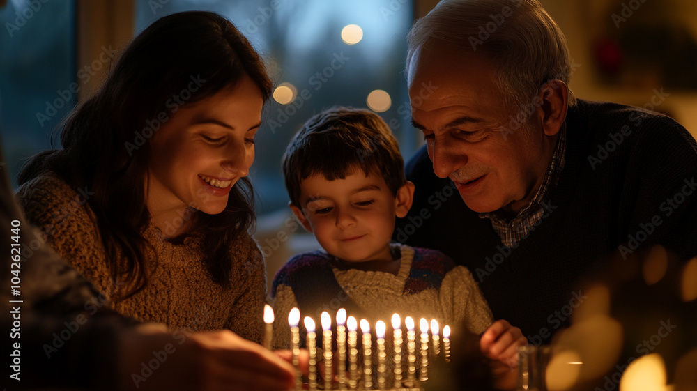 Canvas Prints Families gather to celebrate Hanukkah while lighting candles on a menorah in a cozy setting