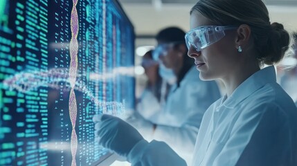 Bioindustry professionals studying genomic data for agricultural improvements, ultra-realistic lab environment, sharp focus on DNA sequences.