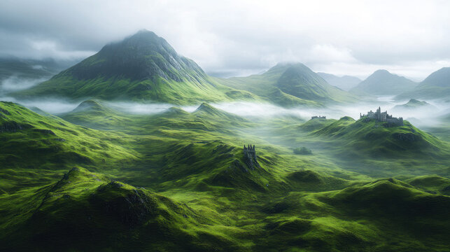 Misty Mountain Landscape with Ancient Castle Ruins