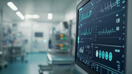A close-up of a medical monitor displaying vital signs in a hospital setting, showcasing a clean, sterile environment with advanced healthcare technology.