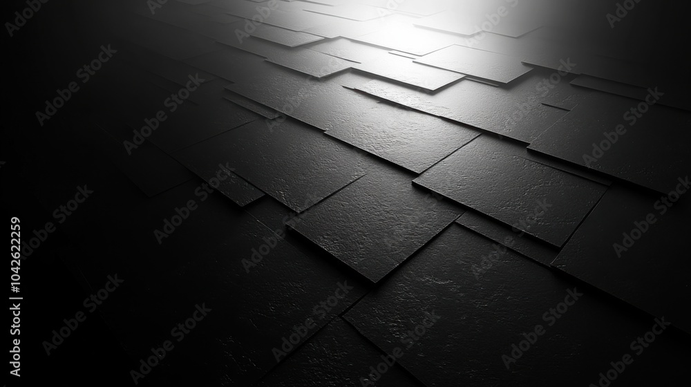 Poster abstract arrangement of dark, textured tiles creating depth and shadows.