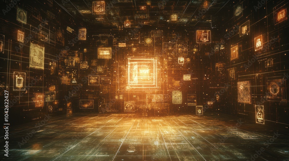 Aufkleber abstract digital space with glowing data panels and a central light source.