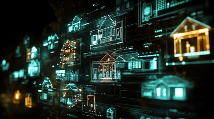 Obraz premium Digital representation of houses with data overlays, suggesting technology in real estate.
