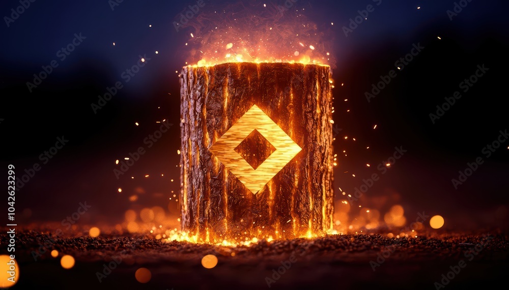 Poster an illuminated stone pillar with a vibrant diamond pattern, surrounded by glowing particles in a dar
