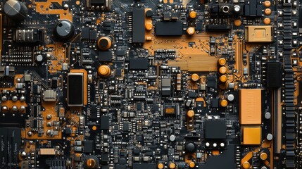Intricate Circuit Board with Orange and Black Components