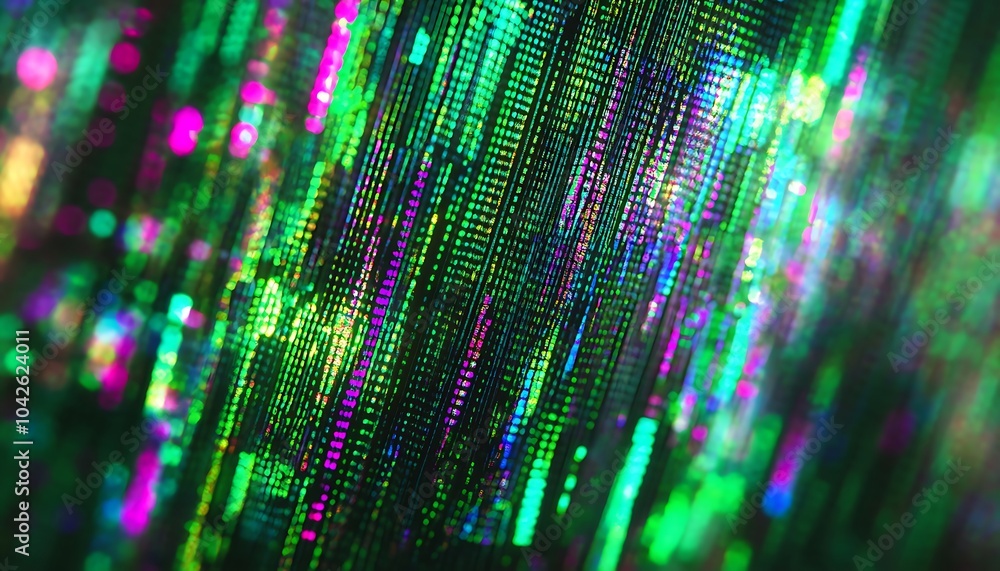 Poster a colorful abstract pattern featuring shimmering green, purple, and blue vertical streaks reminiscen