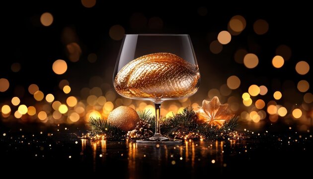 Elegant glass filled with golden liquid and holiday decorations on a festive background.