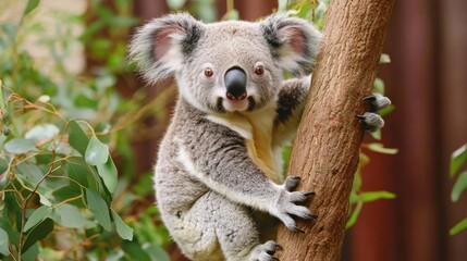 A koala clings to a tree, surrounded by eucalyptus leaves, showcasing its natural habitat.