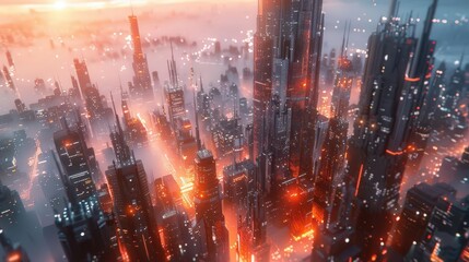 Fototapeta premium Design a visually striking Cyberpunk cityscape featuring towering skyscrapers and futuristic elements