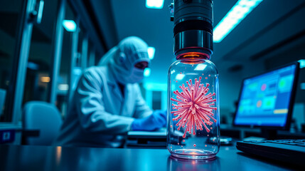 Scientific researcher in a lab examines viral particles under a microscope at night, showcasing innovative research techniques