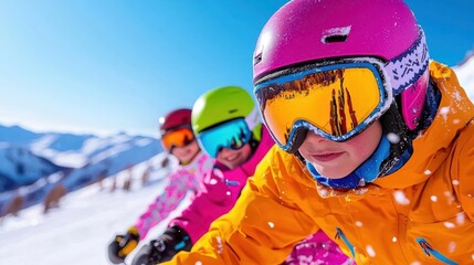 Naklejka premium Group of young skiers enjoying a sunny day on the slopes, wearing colorful ski gear, snowflakes in the air.