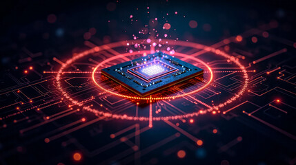 A glowing microchip surrounded by intricate digital patterns illustrating technology and innovation concepts