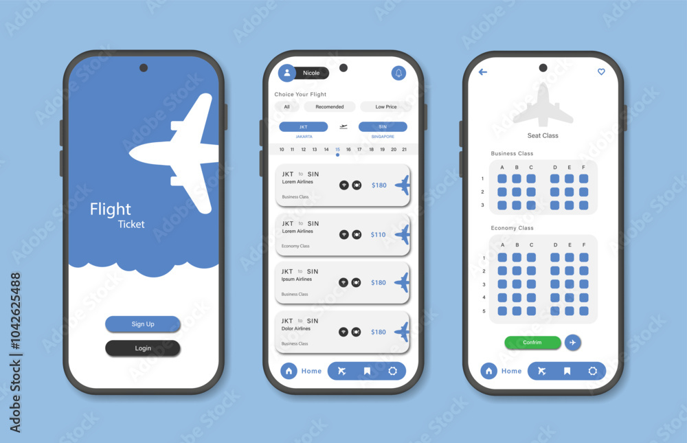 Poster online airline ticket booking design for mobile application. airline ticket booking platform screen.