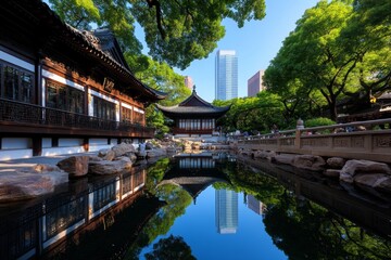 Naklejka premium Traditional Chinese pavilions and bridges, surrounded by beautifully manicured trees and stones, reflected in the calm water of the garden