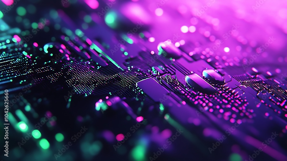 Poster a vibrant close-up of a circuit board featuring purple and green lights, illustrating the intricate 