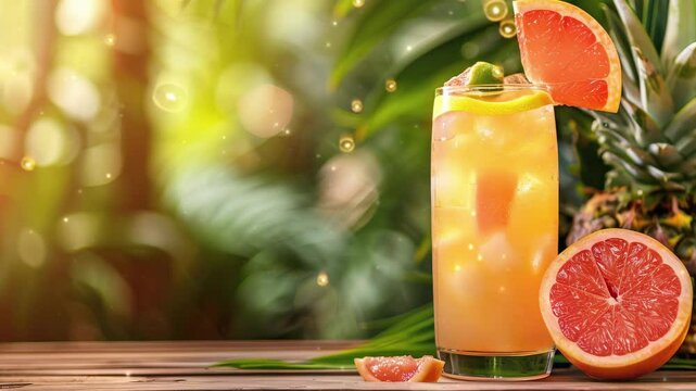 Hawaii cocktail with pineapple and grapefruit in it, placed on the table have copy space for text