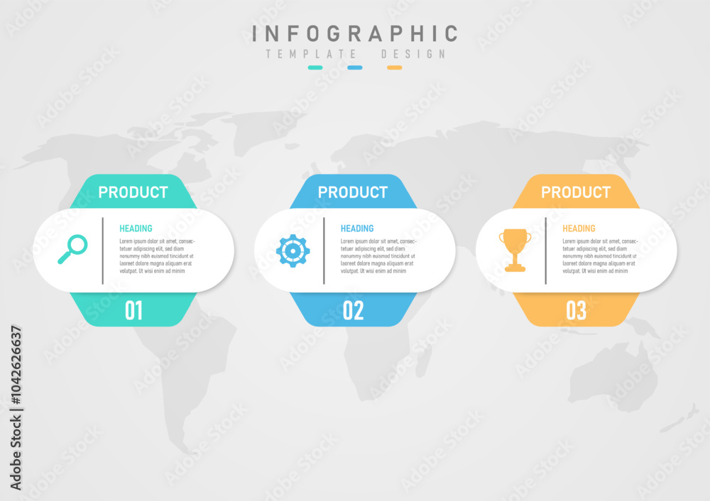 Poster infographic template with multicolored hexagons, letters above and numbers below. the top has a whit