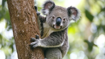 Fototapeta premium A koala clings to a tree, showcasing its adorable features in a natural setting.