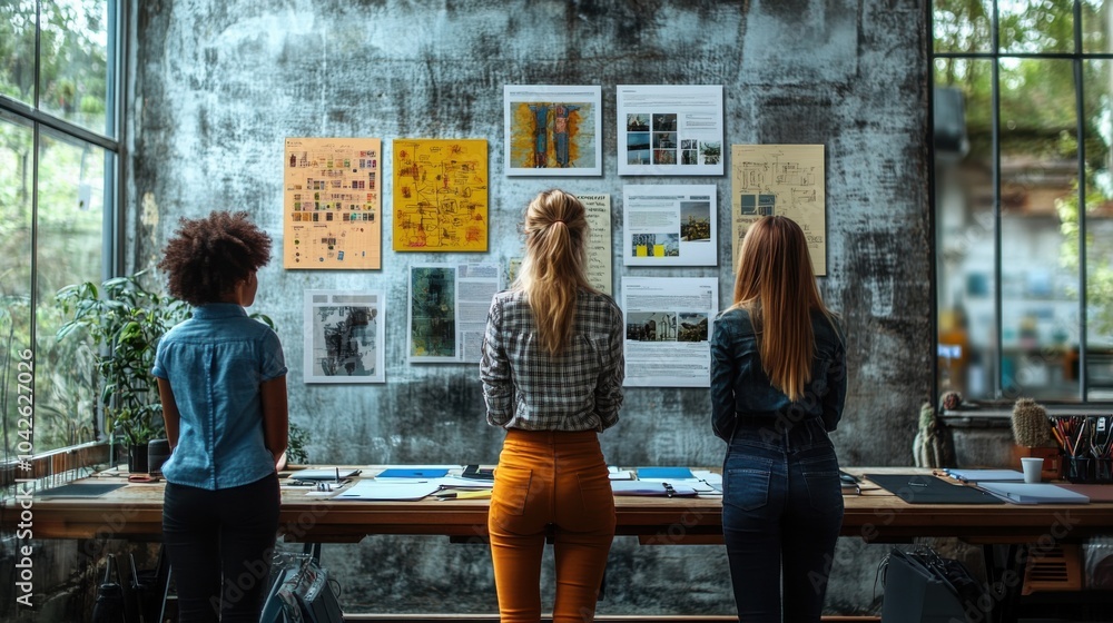 Poster three individuals examining a collaborative project display on a wall.
