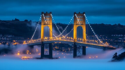 Fototapeta premium Illuminated Suspension Bridge Over Foggy Cityscape at Dusk