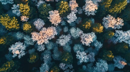 Aerial view of a forest with trees covered in frost and snow, showcasing nature's beauty.