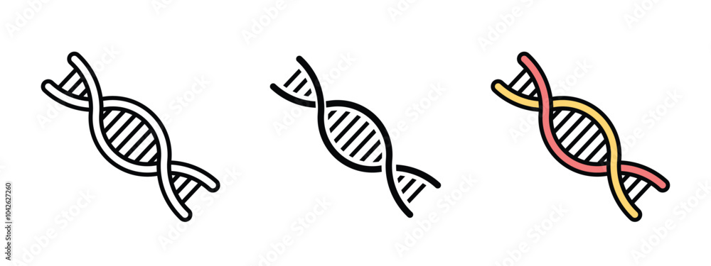 Poster three different colored dna strands are shown. dna icon in outline, silhouette and editable color ic
