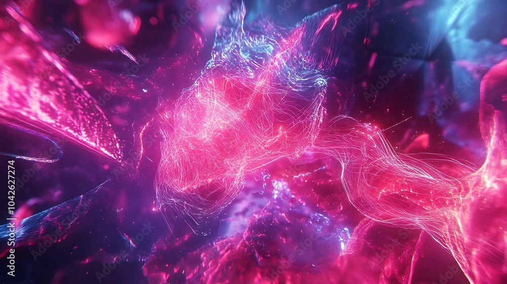 Poster A vibrant abstract composition of glowing particles in shades of pink and blue, creating a dynamic and ethereal visual effect.