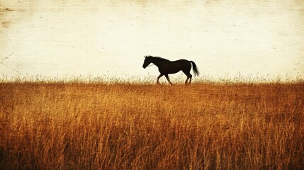 Silhouette of Horse Walking in Tall Grass Field with Vintage Texture