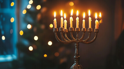 Fototapeta premium A beautifully lit menorah with nine candles during Hanukkah celebrations by a cozy window