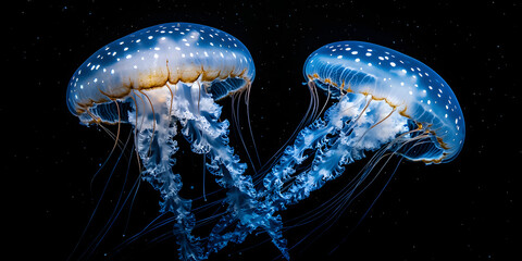Two Translucent Jellyfish Against Dark Background