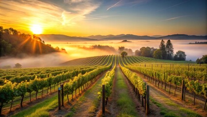 Fototapeta premium Sunrise mist enveloping a scenic California vineyard landscape, sunrise, mist, California, vineyard, landscape, morning