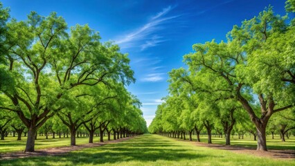 Fototapeta premium Pecan tree orchard under a clear blue sky, Pecan trees, orchard, farm, sunny, beautiful, day, agriculture, rural, landscape