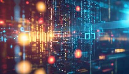 A vibrant futuristic digital landscape with glowing data patterns, lines, and bright lights, evoking themes of technology and connectivity.