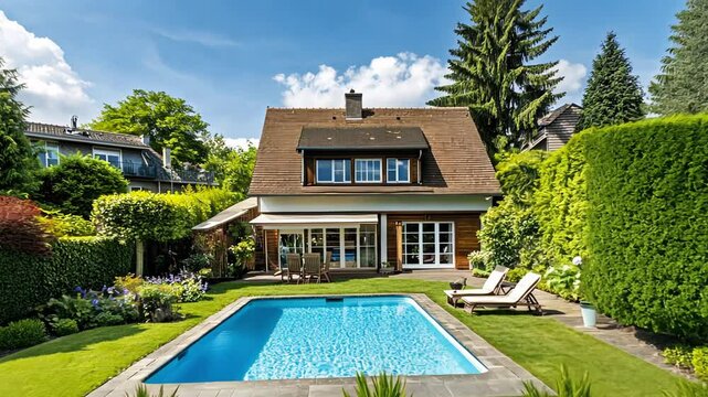 A house with a backyard pool, surrounded by lush greenery and a sunny day.
