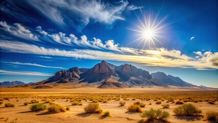 Obraz premium Sunny desert landscape with a mountain backdrop, desert, sunny, mountain, arid, dry, hot, landscape, nature, sky, horizon, sand