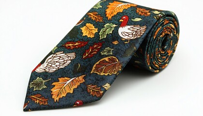A stylish necktie adorned with autumn leaves and turkeys, perfect for seasonal occasions and festive gatherings.